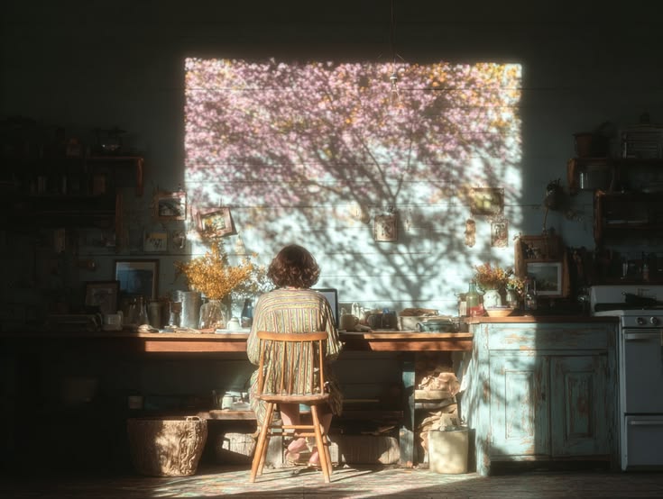 Contemplative human workspace with natural tree shadow projection