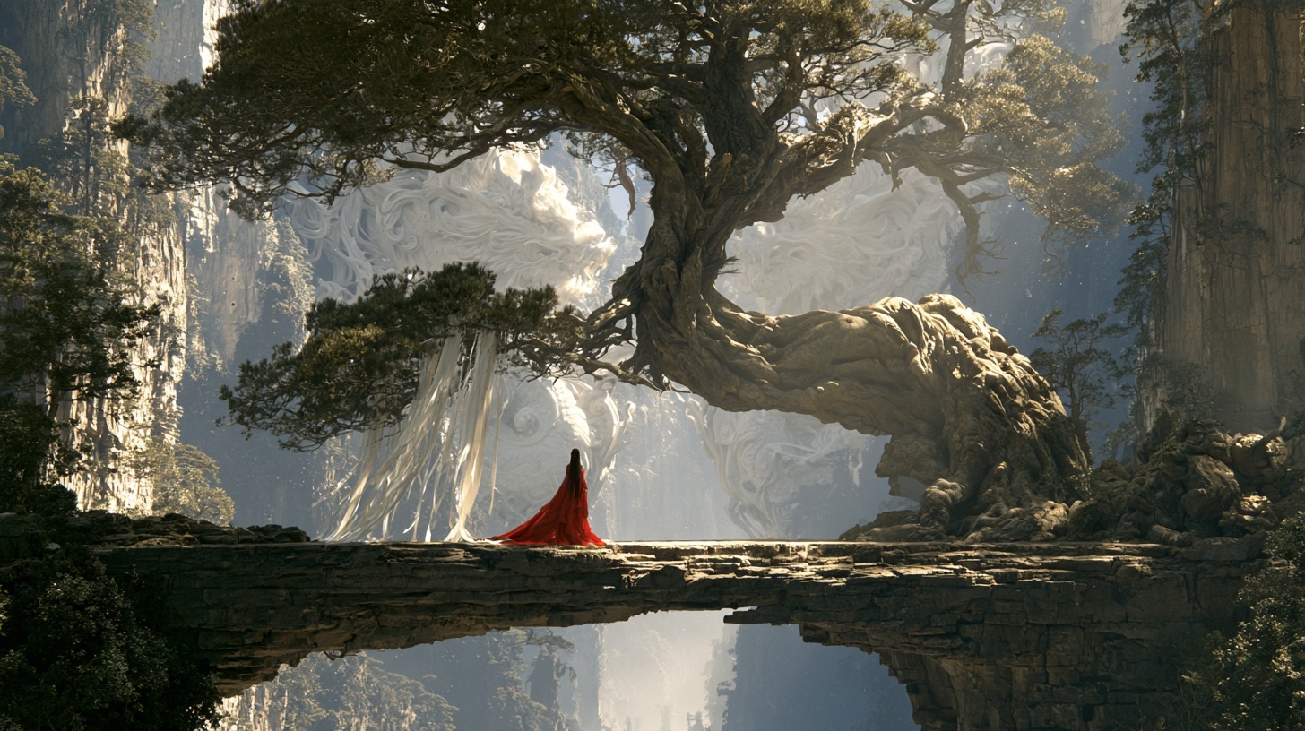 Atmospheric mountain pass with red robed figure and ancient pine